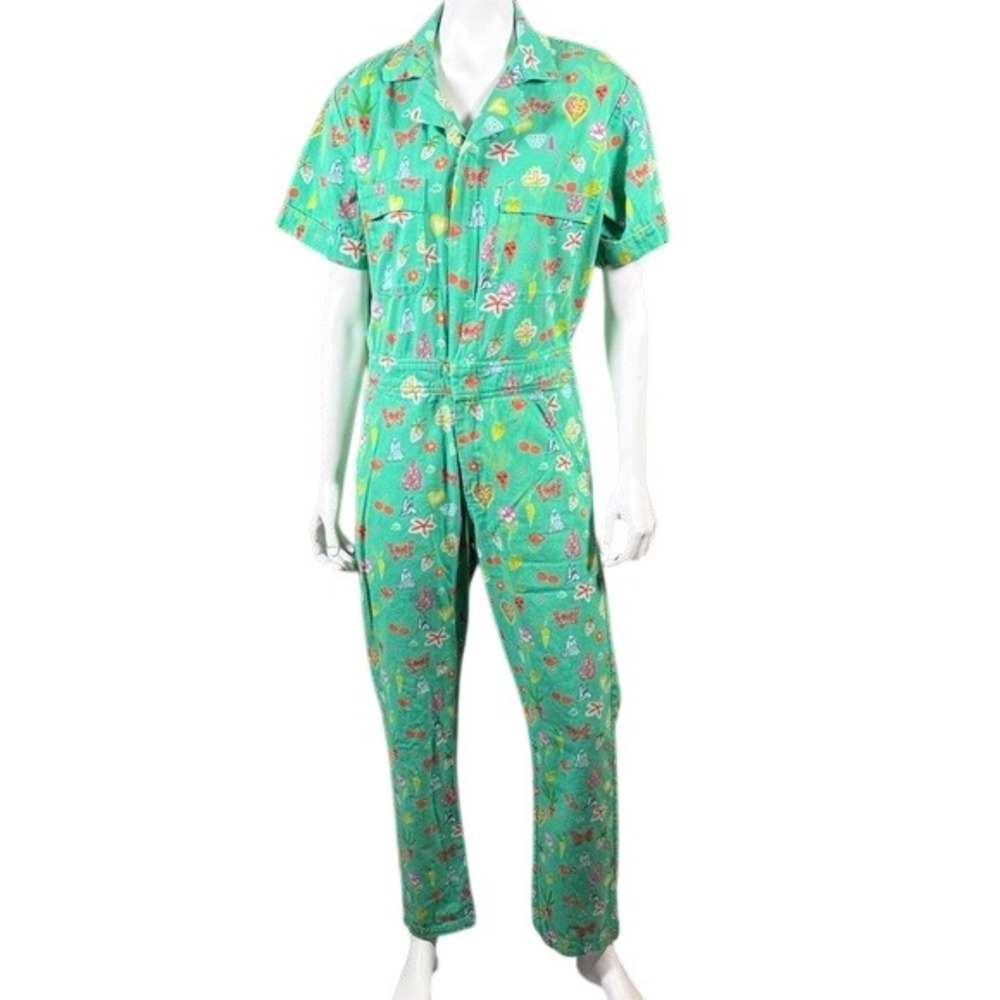 My Little Belleville Green Garden Critter Print Cotton Utility Jumpsuit Small